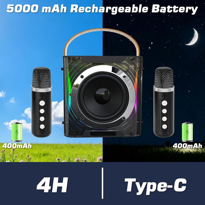Karaoke Maschine mit 2 Mikrofone, Lautsprecher Box mit Lichteffekte, Tragbaren 5.3 Bluetooth Lautspr