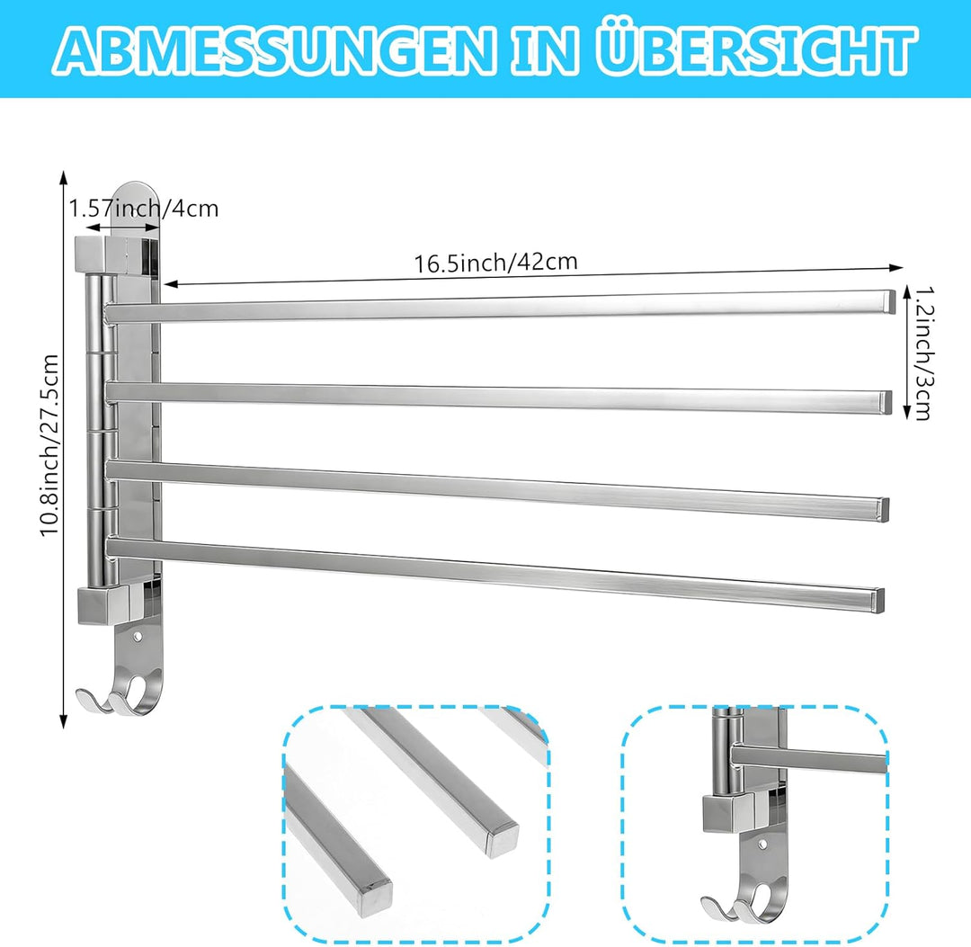 Handtuchhalter mit 4 Drehbaren Armen 180° Rotierend Handtuchstange für Einfachen Zugang Wandmontage