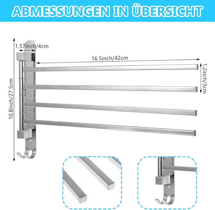 Handtuchhalter mit 4 Drehbaren Armen 180° Rotierend Handtuchstange für Einfachen Zugang Wandmontage