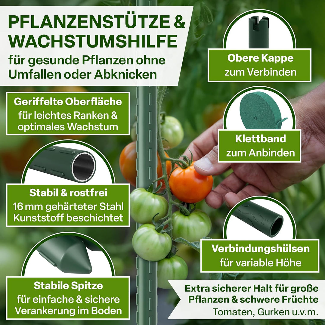 TTL GARDEN Rankstäbe 10er Set 180cm x 16mm Ø grün - extra stabile 16 mm Rankhilfe Pflanzstäbe + Klet