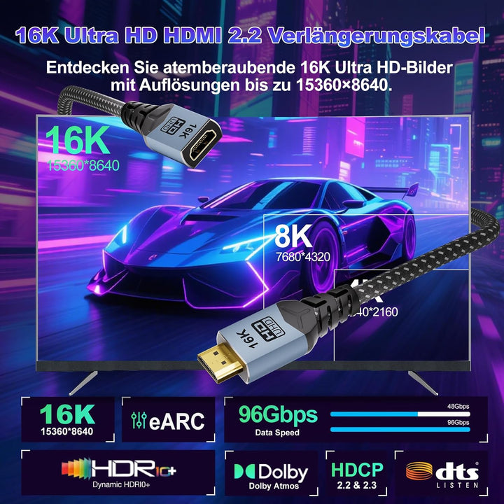 16K Geflochtenes HDMI Verlängerungskabel 0.5M, Ultra High Speed 96Gbps, 8K@120Hz 4K@240Hz/480Hz Stec