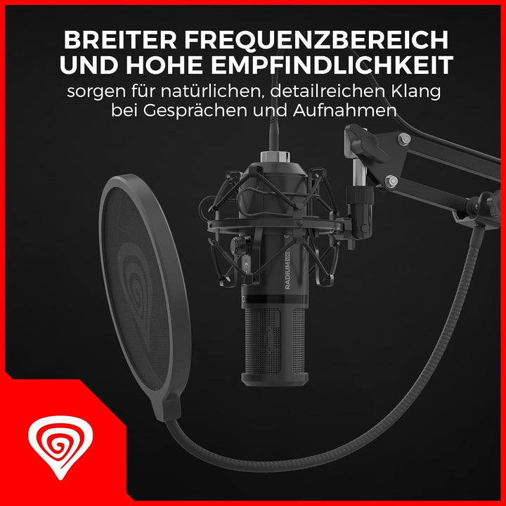 Genesis Gaming Mikrofon Radium 400 G2 mit Arm, USB Microphone Kit mit Stummschalttaste für Podcast S