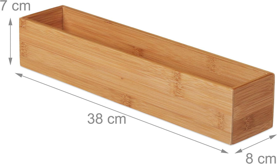 2 x Bambus Box, Aufbewahrung Bad, Küche & Schreibtisch, länglich & schmal, Ordnungsbox, HxBxT: 7 x 3