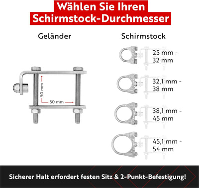 STORM-PROOF Sonnenschirmhalter für eckige Geländer - Zwei-Punkt-Befestigung aus Stahl… (Schirmstock