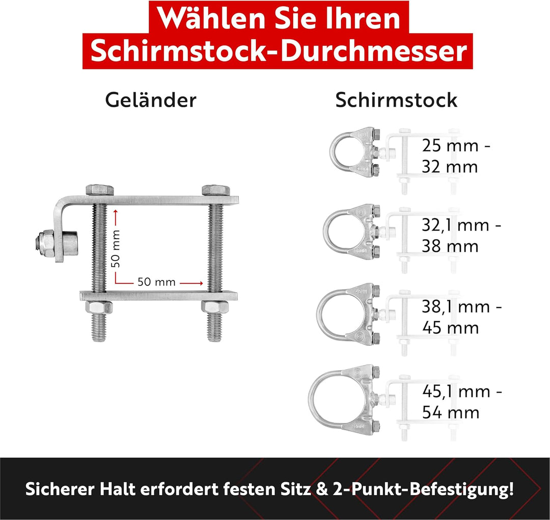 STORM-PROOF Sonnenschirmhalter für eckige Geländer - Zwei-Punkt-Befestigung aus Stahl… (Schirmstock