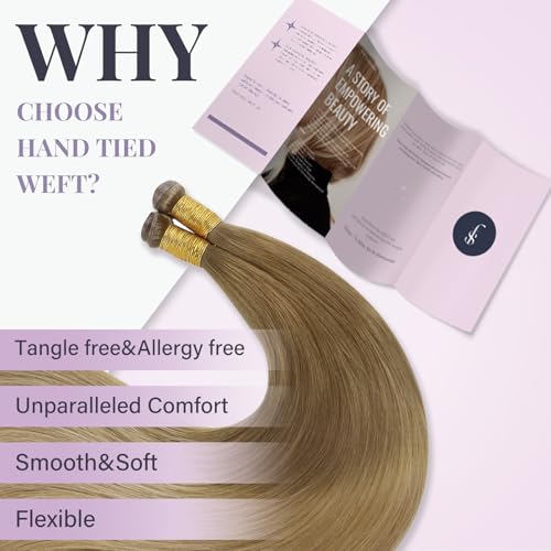 Fshine Echthaar Tressen 60cm 60 Gramm Sew in Hair Extensions zum Einnähen Balayage Golden Brown Fadi