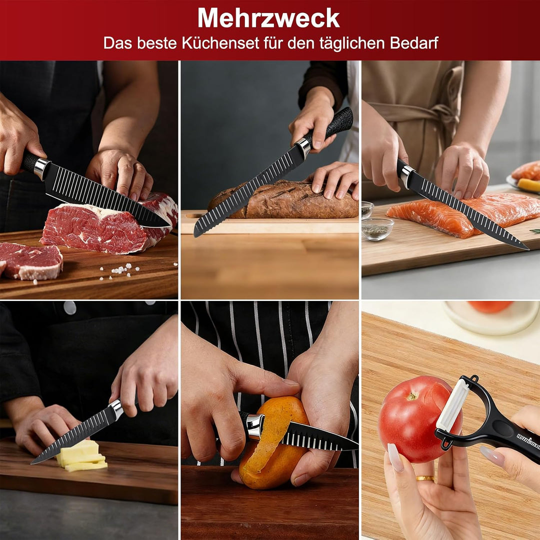 Messerset Scharf 6-teilig, Ergonomischen Küchenmesser Sets, Schwarz | Kochmesser, Brotmesser, Tranch