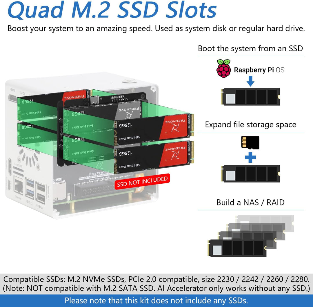 FREENOVE NAS Case for Raspberry Pi 5 (NOT Included), Quad M.2 NVMe SSD Slots, PWM ARGB Fans Light Sy