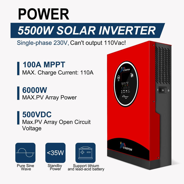 ETREPOW 5500W Hybrid Wechselrichter 48V DC auf 230V AC Reiner Sinus Solar Off Grid Wechselrichter mi
