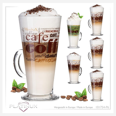 PLATINUX Kaffeegläser mit Motiv max. 280ml Set 6-Teilig aus Glas Latte Macchiato Gläser mit Griff Ca