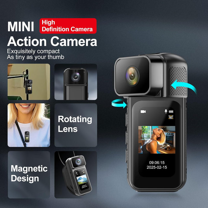 Mini Action Cam Bodycam mit 32GB Speicherkarte, 180° Drehbarer Objektiv 1.47&