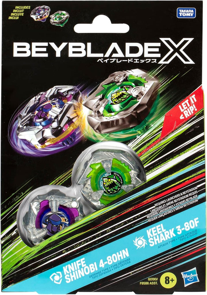 Beyblade X Knife Shinobi 4-80HN und Keel Shark 3-80F Kreisel Dual Pack, mit X-Celerator, mit 2 Klick