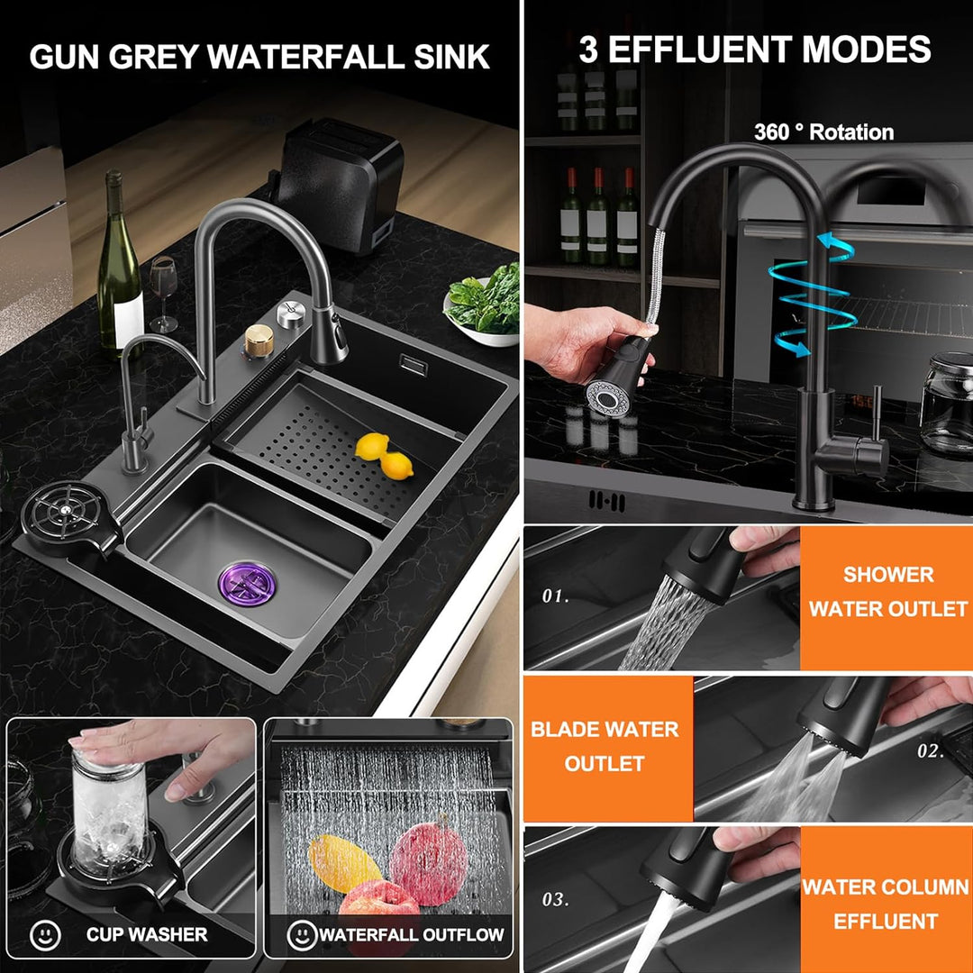 Küchenspüle,Neue Edelstahl Wasserfall Spüle,Drop In Single Bowl Workstation Spüle,Mit Cup Washer Spü