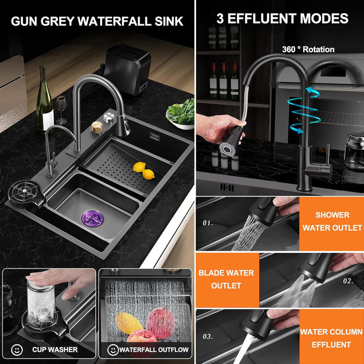 Küchenspüle,Neue Edelstahl Wasserfall Spüle,Drop In Single Bowl Workstation Spüle,Mit Cup Washer Spü