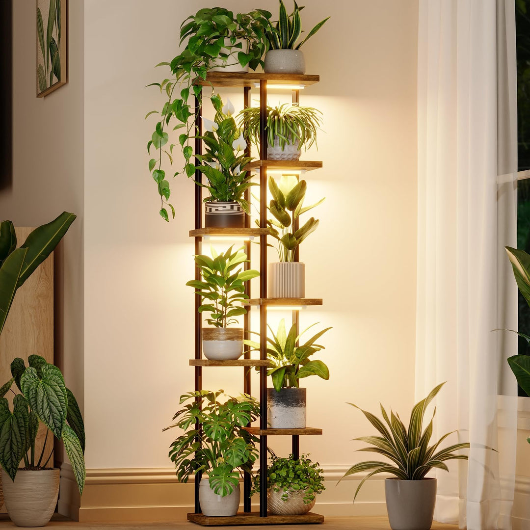 Bamworld Blumenständer mit Pflanzenlampen, 7 Stufiges Eck-Pflanzenregal aus Holz &amp; Metall,Stabiler I