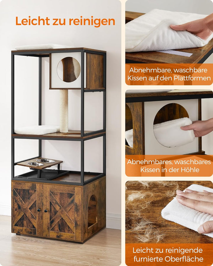 Feandrea Kratzbaum, Katzenbaum, Katzenhaus mit Katzenklo-Schrank, erhöhter Napfständer, Sisalstamm,