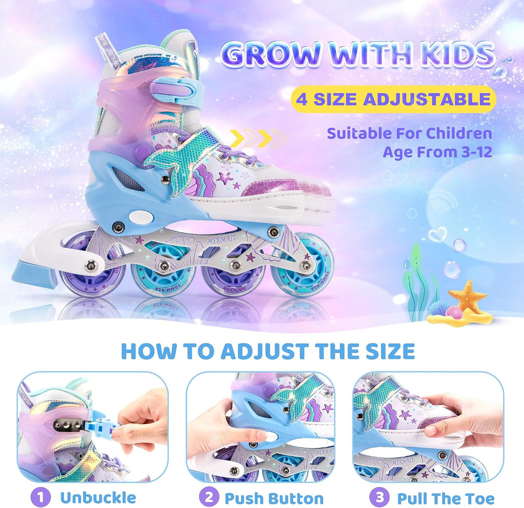 NEMONE Inliner für Mädchen Kinder 4 Grössen Verstellbar Blau Violett Inliner für Kinder Drinnen Drau