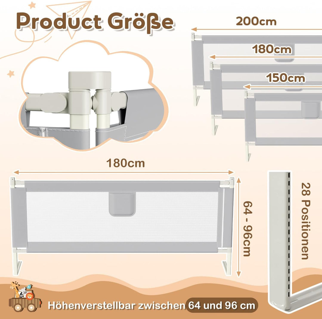 Tubiaz 180cm Bettgitter Rausfallschutz, Kinderbettgitter Höhenverstellbar 64-96cm, Bettschutzgitter