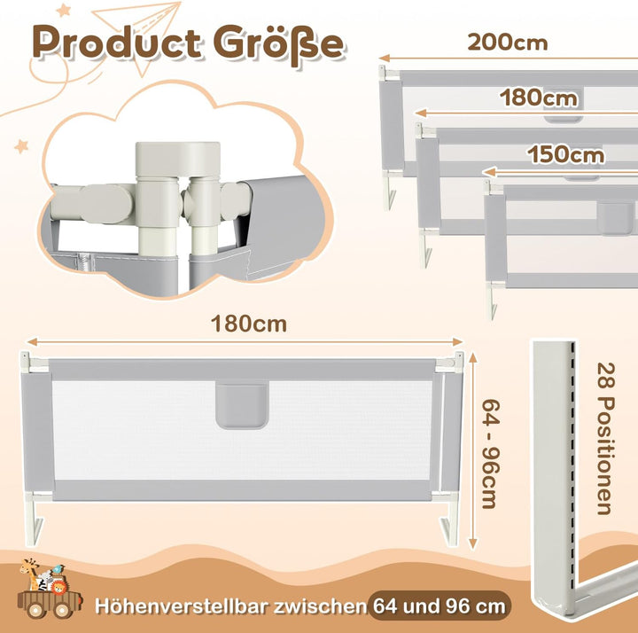 Tubiaz 180cm Bettgitter Rausfallschutz, Kinderbettgitter Höhenverstellbar 64-96cm, Bettschutzgitter