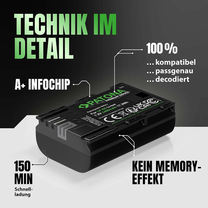 PATONA 2X Premium LP-E6 Akku 2400mAh Ersatzakku kompatibel mit Canon EOS 5D Mark II III IV 5DS R R5
