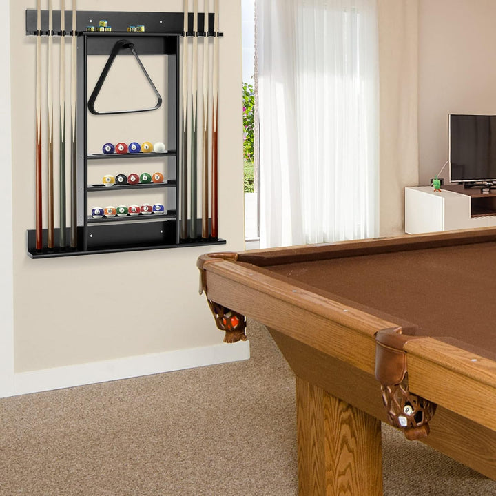 GOPLUS Billardständer, Pool Queue Halter aus Kiefernholz mit 8 Queue-Stifte, 3-stufig, Ball Rack Hal