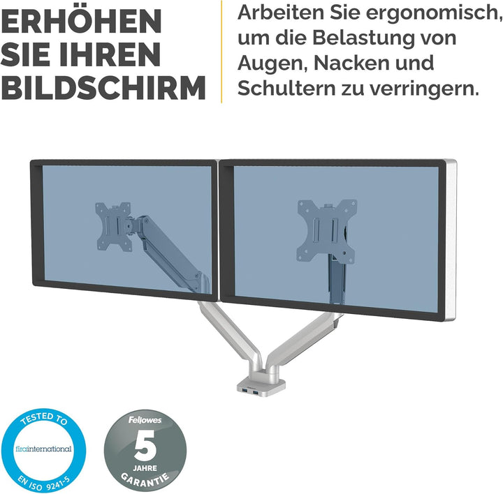 Fellowes Monitor Halterung 2 Monitore bis je 32 Zoll (81,28 cm), Platinum Series Monitor Arm mit Gas