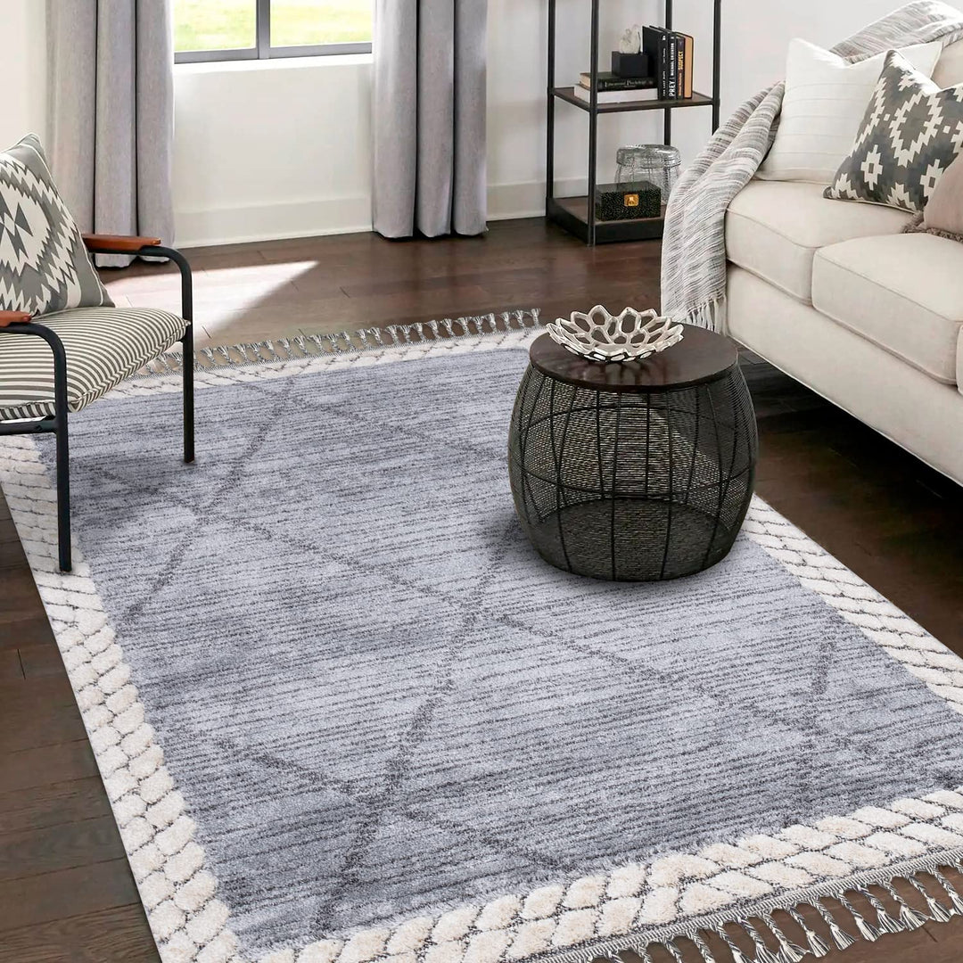 payé Teppich Wohnzimmer - Abstrak Raute - 80x150cm - Creme Grau Blau - Fransen Deko Boho Flauschig -