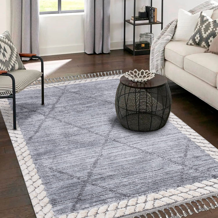 payé Teppich Wohnzimmer - Abstrak Raute - 80x150cm - Creme Grau Blau - Fransen Deko Boho Flauschig -