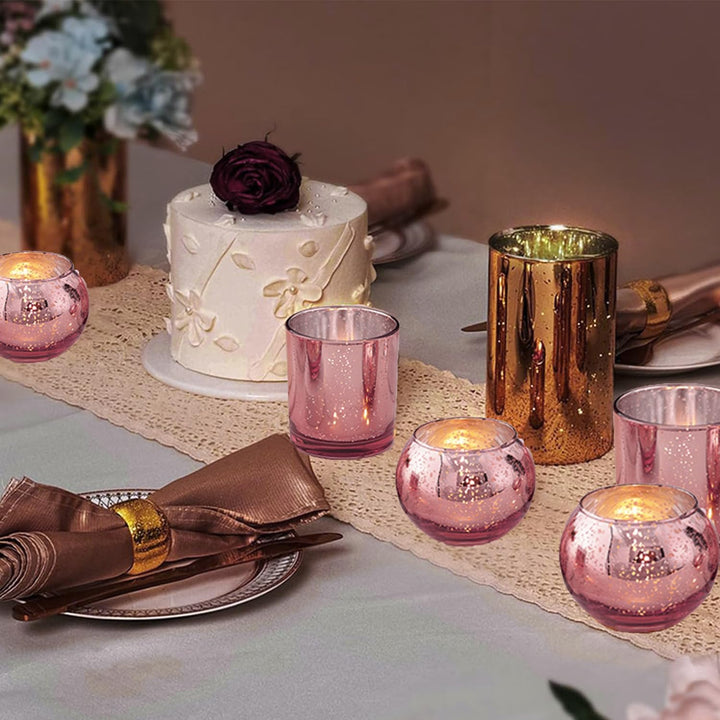 12 Stück Rosa Votivkerzenhalter, Quecksilberglas-Teelicht-Kerzenhalter für Hochzeitstisch-Mittelstüc