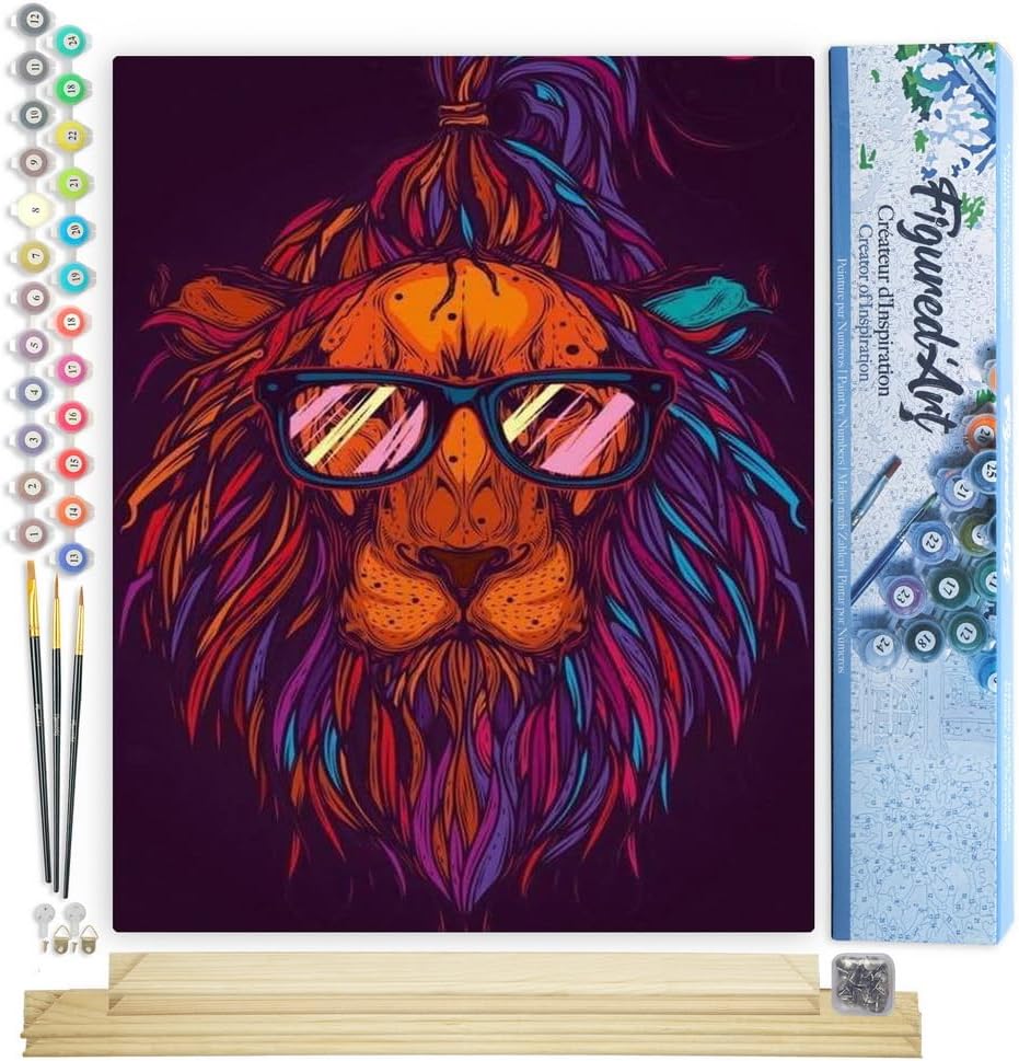 Figured'Art Malen Nach Zahlen Erwachsene Mit Rahmen Löwe mit Brillen - Paint by Numbers Basteln DIY