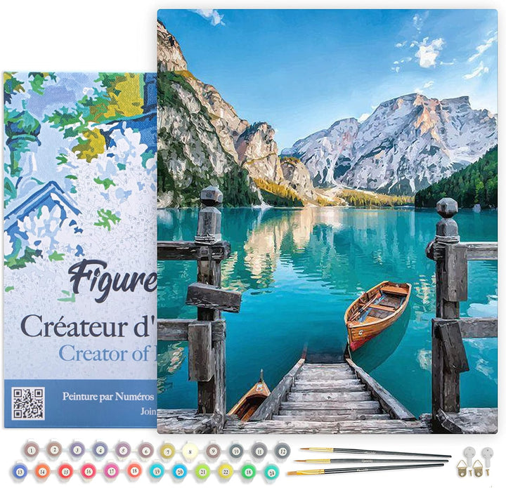 Figured'Art Malen Nach Zahlen Erwachsene Mit Rahmen Boot auf einem Bergsee - Paint by Numbers Bastel