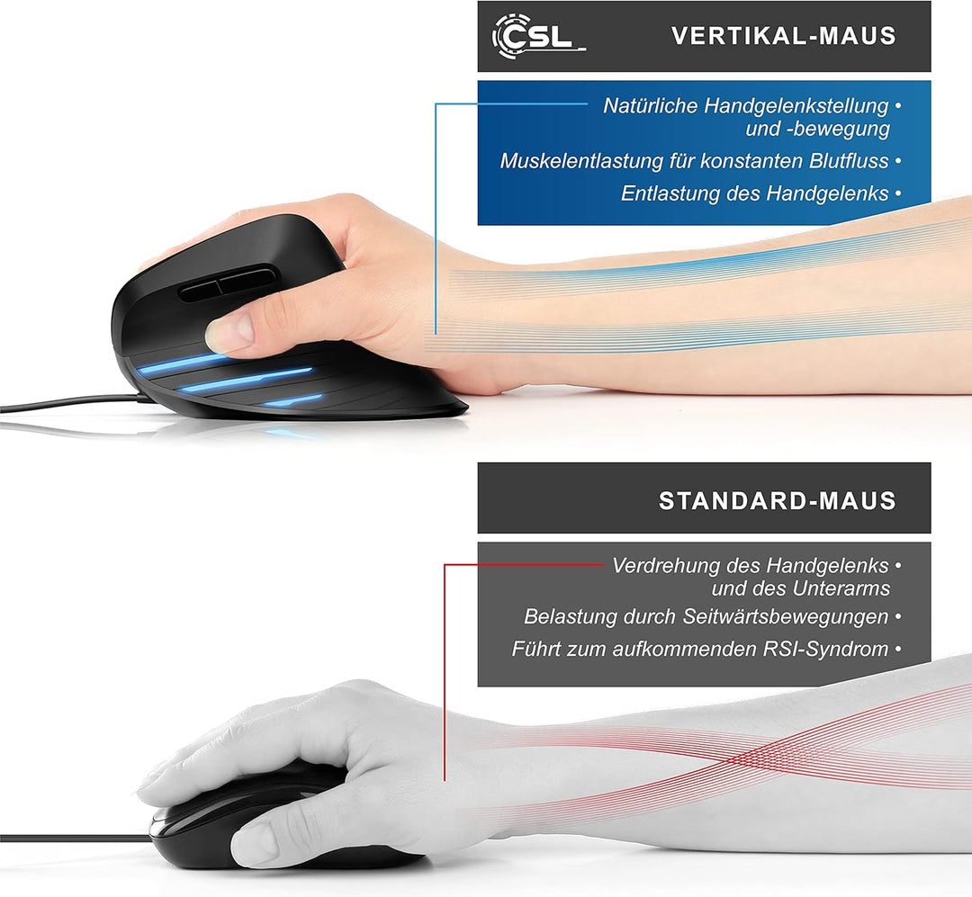 CSL - ergonomische Maus 6400 DPI - neues Modell - Vertikal mit Kabel - USB Vertical Mouse – ergonomi