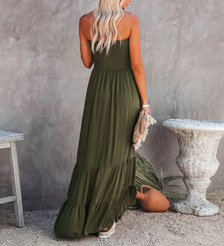 R.Vivimos Sommer Boho Trägerloses Bandeau Shirred Blumen Rüschen Tube A Linie Midikleid S Armeegrün