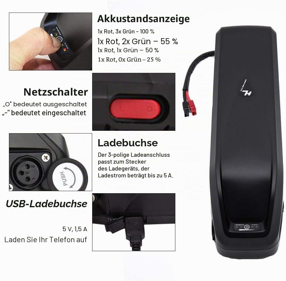 Yasco 48v 13ah Ebike Akku Elektro Fahrrad Batterie Lithium Ionen Fahrrad Batterie mit Ladegerät, eBi