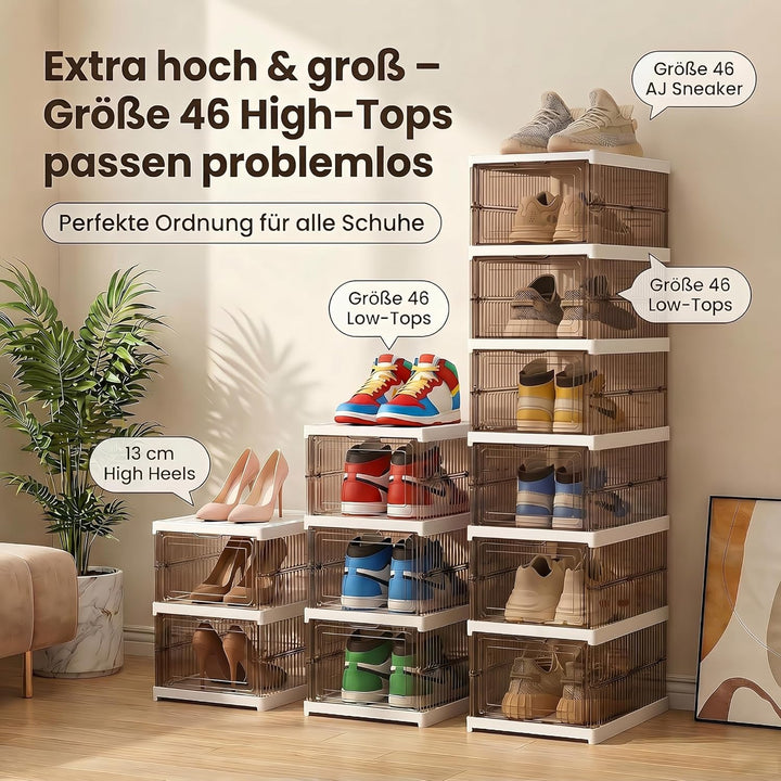 Schuhboxen Stapelbar, 6 Ebenen, Transparent, Faltbar, Dickem Kunststoff, für Sneaker bis Grösse 46,