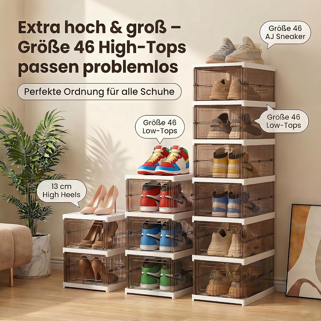 Schuhboxen Stapelbar, 6 Ebenen, Transparent, Faltbar, Dickem Kunststoff, für Sneaker bis Grösse 46,