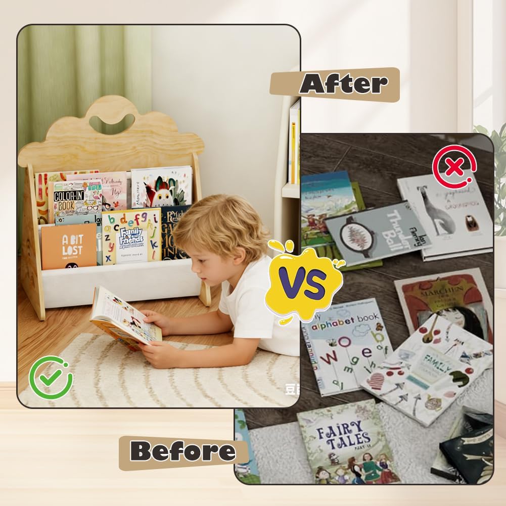 Kinder Bücherregal, Montessori Bücherregal aus Holz, Tragbares zweistöckiges Bücherregal Kinder Kind
