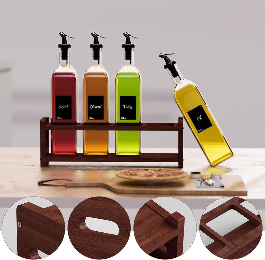 Ölflasche mit Dunkel Holzständern 500ml,4pcs Glasflaschen,Olivenöl spender mit Trichter,Essig und Öl