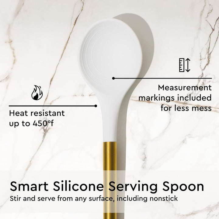White Silicone and Gold Cooking Utensils Set with Gold Utensil Holder: 17PC Set Includes White &amp; Gol