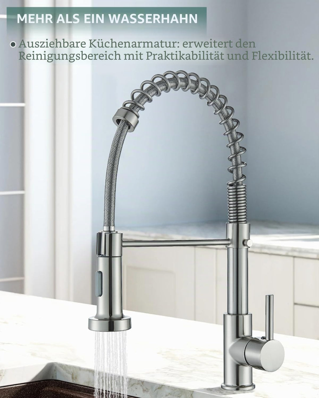 Wasserhahn Küche, Federhahn aus gebürstetem mit Pull Down Sprühkopf,Spültischarmatur 360°Drehung Gee