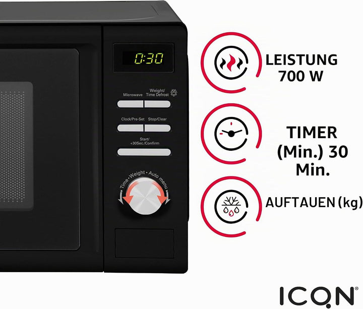 ICQN Mikrowelle, Solo-Mikrowelle, 20 L, 700 W, 5 Leistungsstufen, 8 Automatikprogramme, Gewicht und