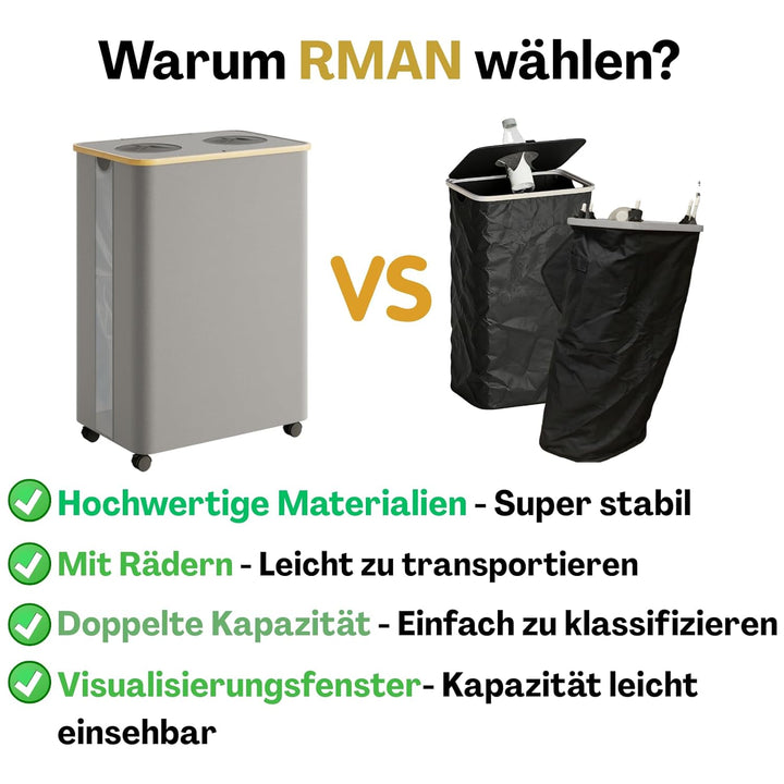 RMAN 160L Pfandflaschen Sammelbehälter mit 2 Fächern & Rollen – Grosser Leergutbehälter mit Deckel &