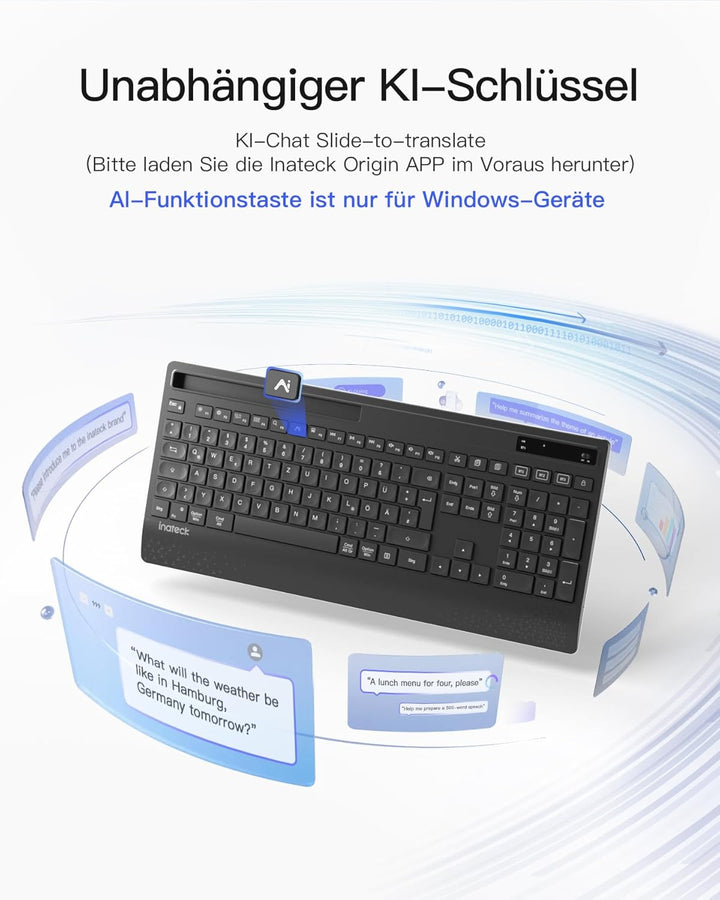Inateck Tastatur Maus Set Kabellos,Funktastatur QWERTZ in voller Grösse,3 Bluetooth,mit Handballenau