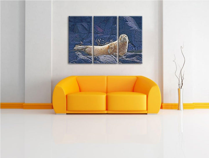 Robbe entspannt auf Felsen NewArt 3-Teiler Leinwandbild 120x80 Bild auf Leinwand, XXL riesige Bilder