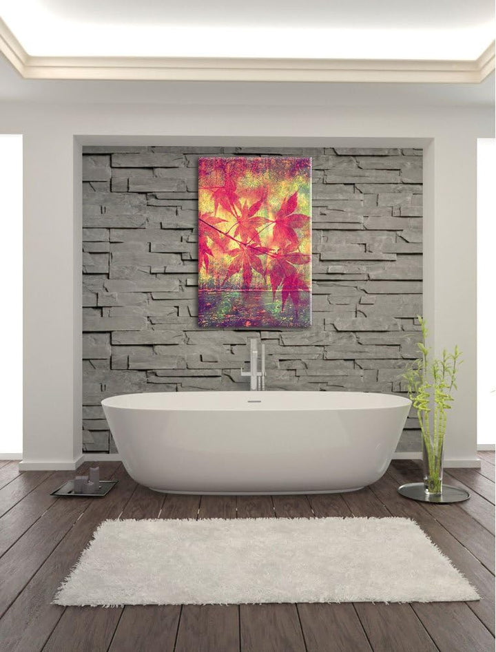 Ast mit pinken Blättern, Format: 100x70 auf Leinwand, XXL riesige Bilder fertig gerahmt mit Keilrahm