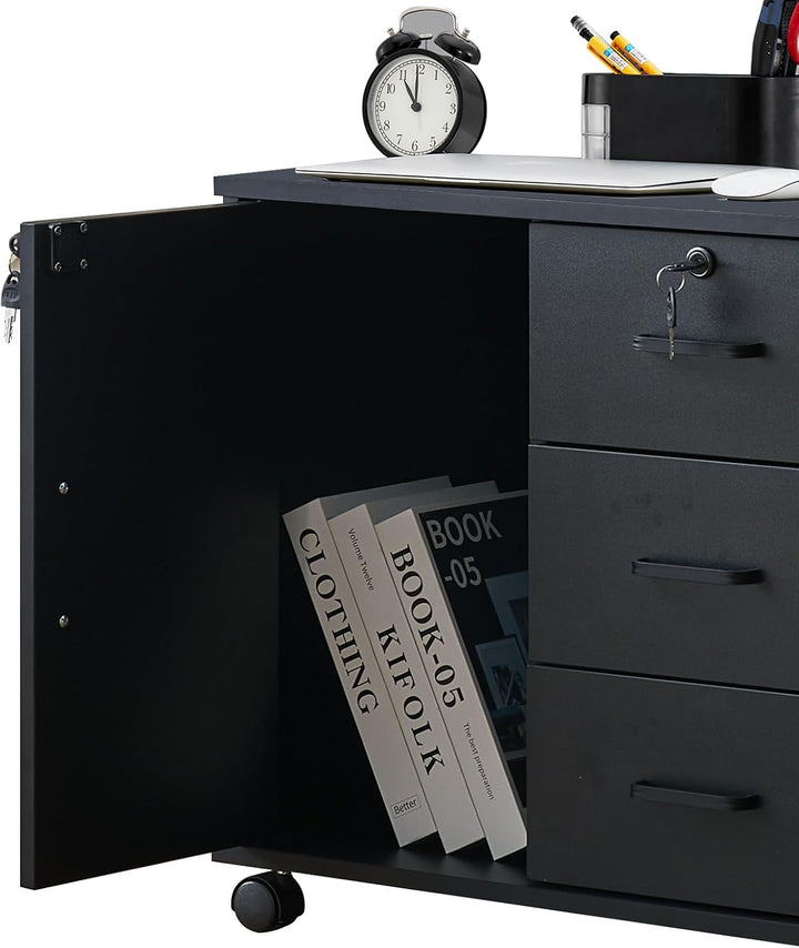 TUKAILAI Rollcontainer, Aktenschrank mit Schubladen, Büroschrank mit 4 Rollen, 3 Schubladen und 1 Tü