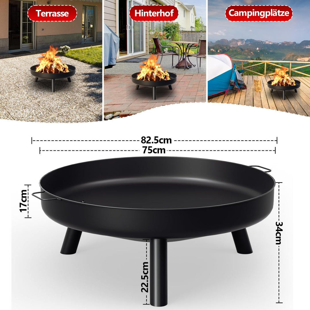 Fiqops Feuerschale Φ82,5cm, Feuerstelle Eisenschale, Metallschale mit Griffen und abnehmbaren Beinen