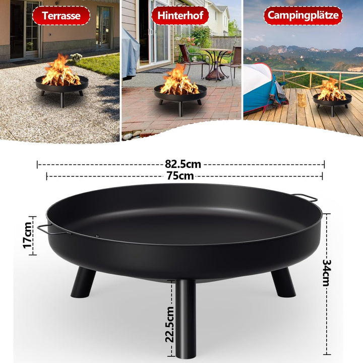 Feuerschale Ø82.5cm, Garten Terrasse Balkon Grosse Feuerstelle mit 3 Abnehmbaren Beinen und Griffen,