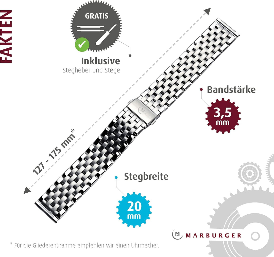 MARBURGER Uhrenarmband 20mm Edelstahl Silber - Werkzeug Montage Set 89508080020