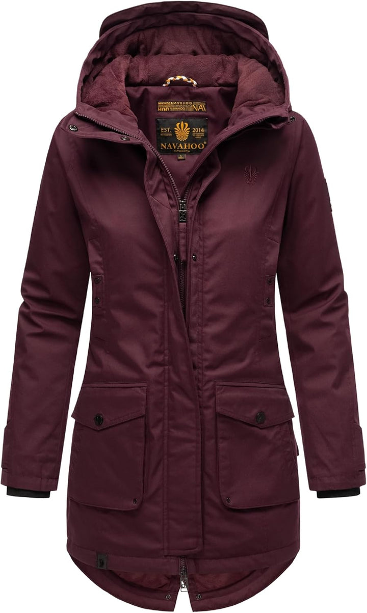 Navahoo Damen Übergangsjacke Warmer Kurzmantel Regenjacke mit Kapuze Brinjaa XS-XXL S Wine, S Wine